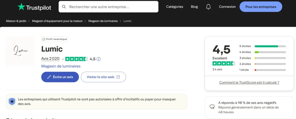 avis de Lumic sur trustpilot