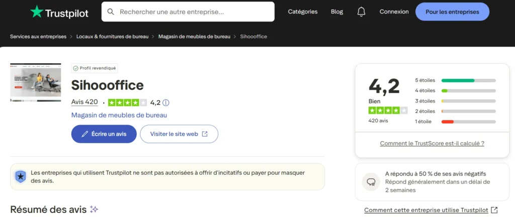 avis sur Trustpilot sur Sihoo