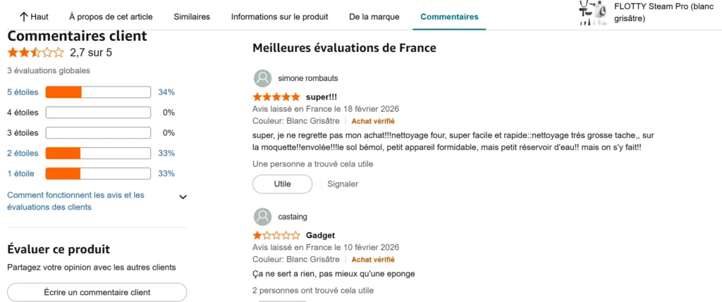avis sur Amazon sur le nettoyeur vapeur Flotty (2)