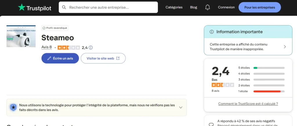 avis sur Trustpilot sur le nettoyeur vapeur Steameo (2)