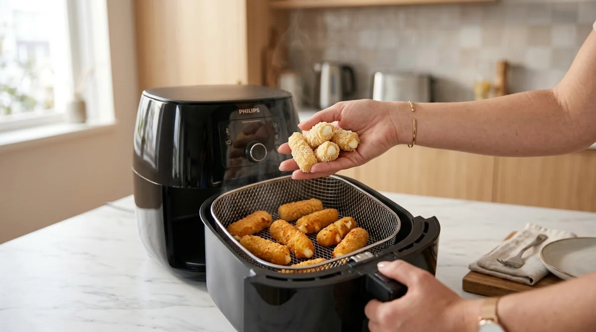 Main tenant des aliments croustillants sortant d'un panier d'Airfryer ouvert, cuisine moderne.