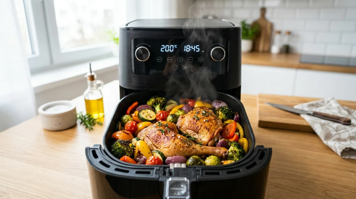 Airfryer moderne avec poulet rôti et légumes colorés, cuisine saine et facile