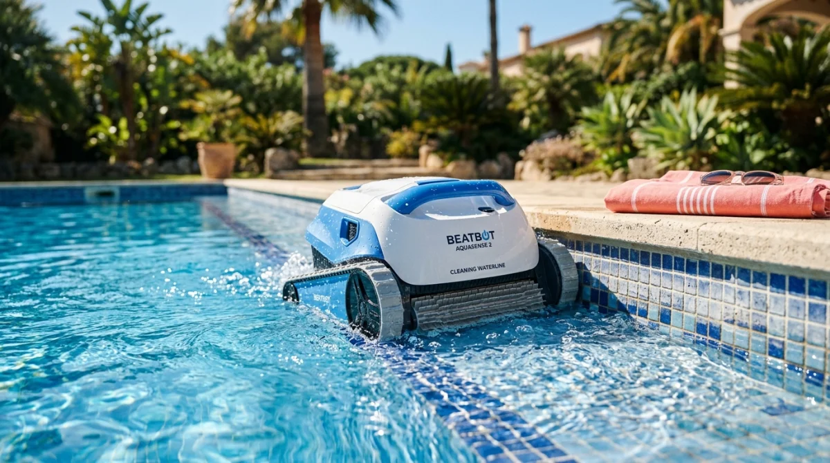 Beatbot Aquasense 2 : robot piscine bleu et blanc nettoyant la ligne d'eau