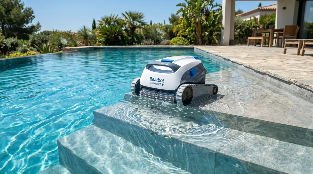Robot aspirateur Beatbot Aquasense 2 nettoyant les escaliers d'une piscine extérieure moderne.