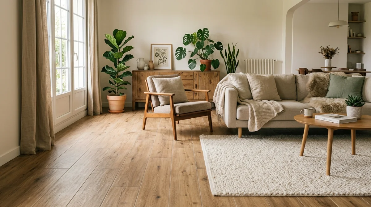 Carrelage imitation parquet chaleureux dans un salon moderne et lumineux, ambiance cosy.