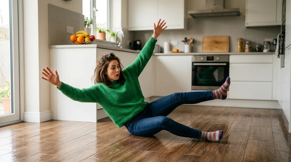 Femme glissant sur carrelage imitation parquet dans une cuisine moderne, inconvénient de ce revêtement.