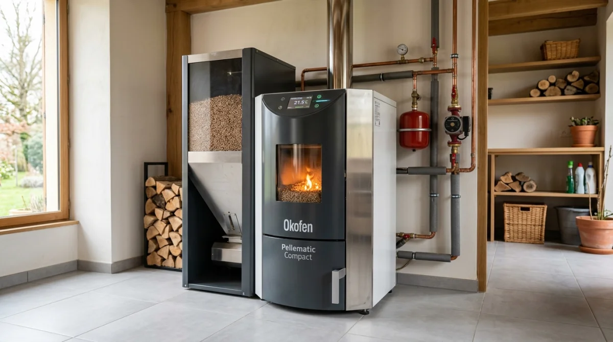 Chaudière à granulés moderne installée dans un intérieur de maison, confort et efficacité.