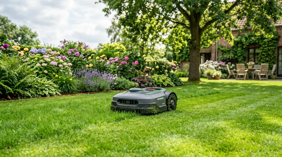 Navimow avis : tondeuse robot coupant l'herbe dans un jardin résidentiel fleuri