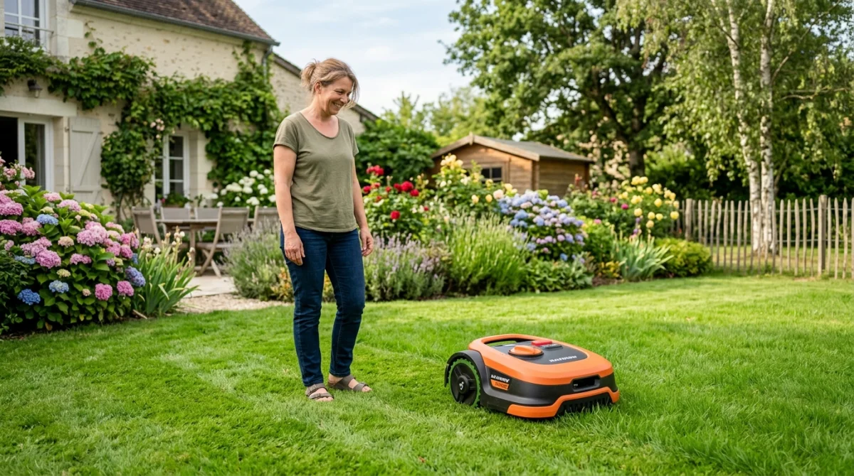 Personne souriante utilisant une tondeuse robot Navimow dans un jardin verdoyant et bien entretenu.