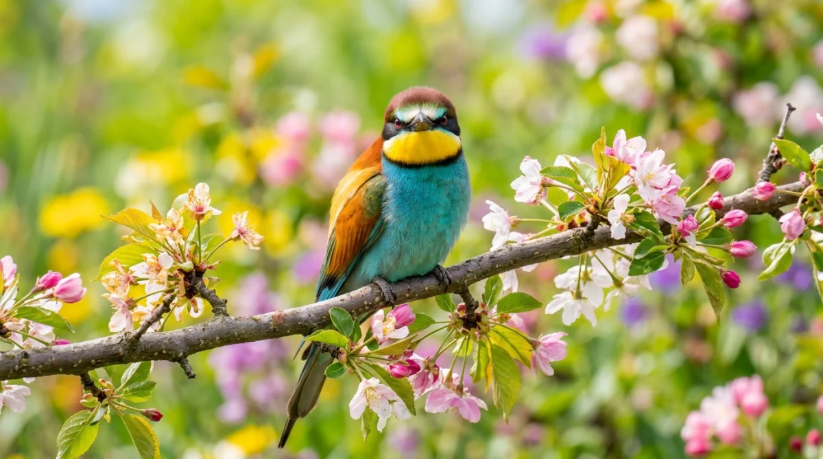 Oiseau coloré sur branche fleurie, jardin ensoleillé, avis birdfy