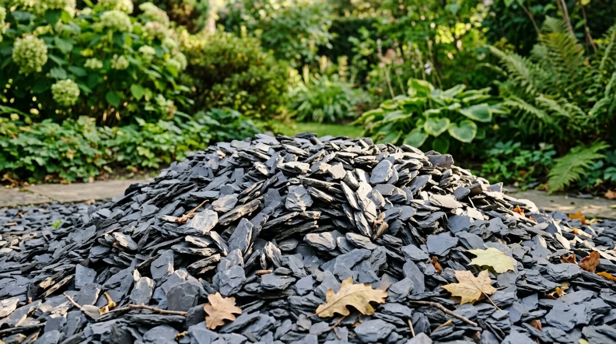 Tas de paillage ardoise gris foncé au soleil, jardin avec plantes vertes floues.