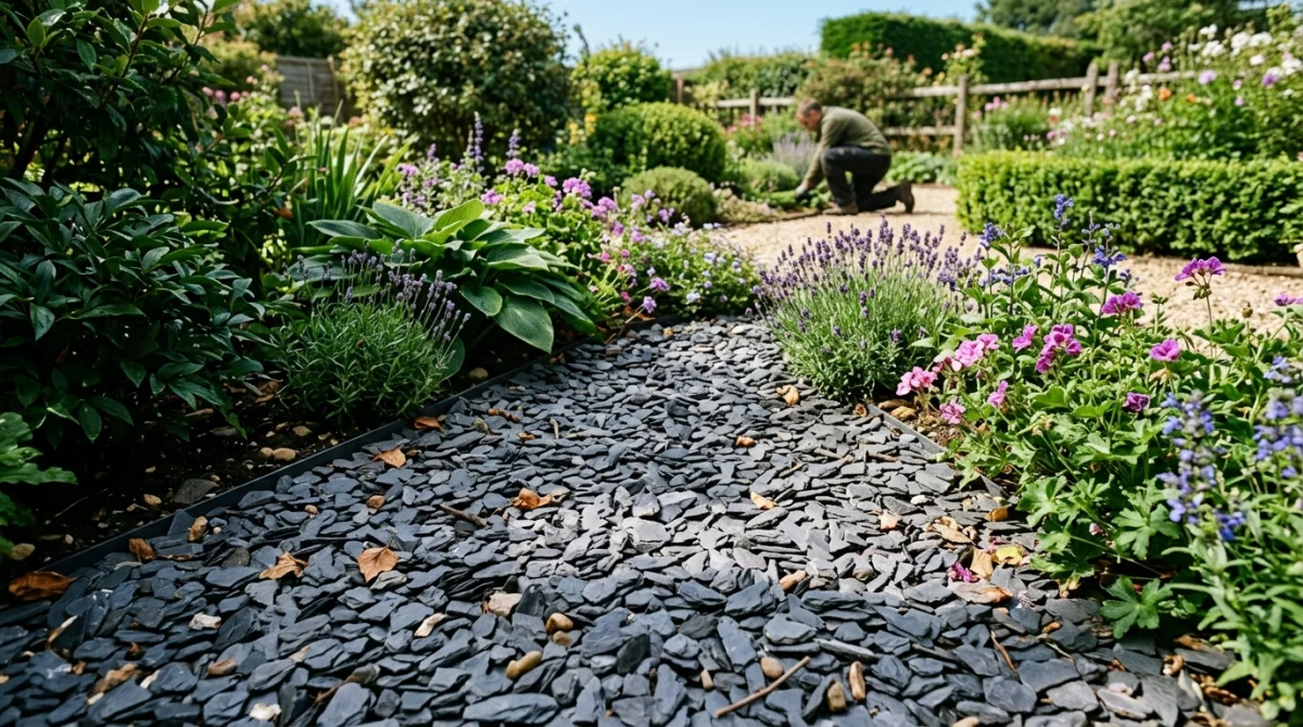 Paillage ardoise gris anthracite sur parterre de fleurs, jardin ordonné.