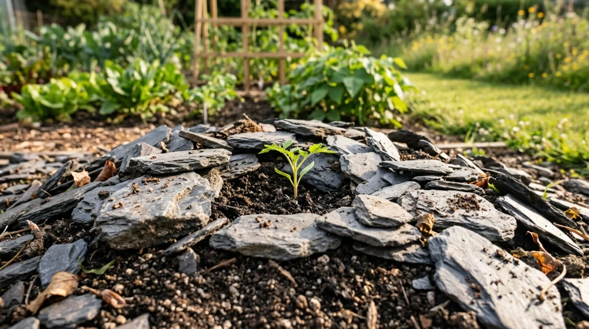 Paillage ardoise sur terre, jeune plant de tomate résistant aux inconvénients.