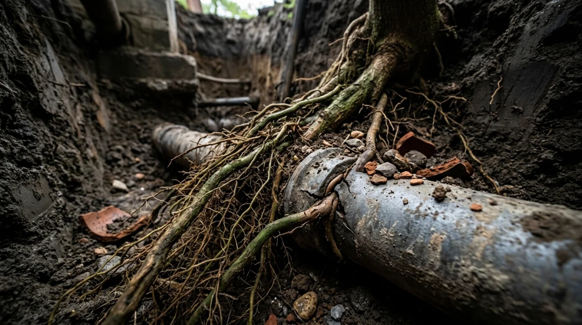 Racines envahissantes de paulownia tomentosa endommageant une canalisation d'eau en fonte.