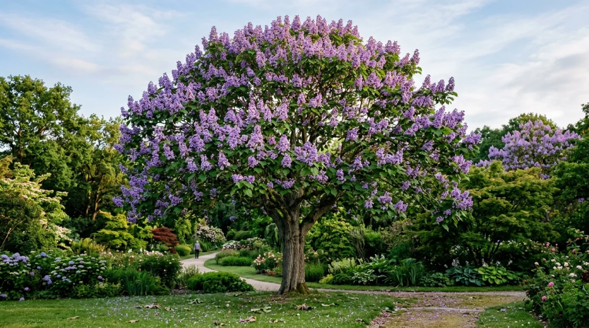 Paulownia tomentosa : arbre majestueux en pleine croissance, floraison violette et feuilles vertes.