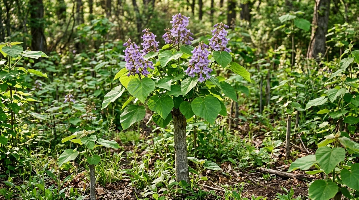 Paulownia tomentosa : jeunes pousses envahissantes, fleurs violettes et feuilles vertes luxuriantes en pleine croissance.