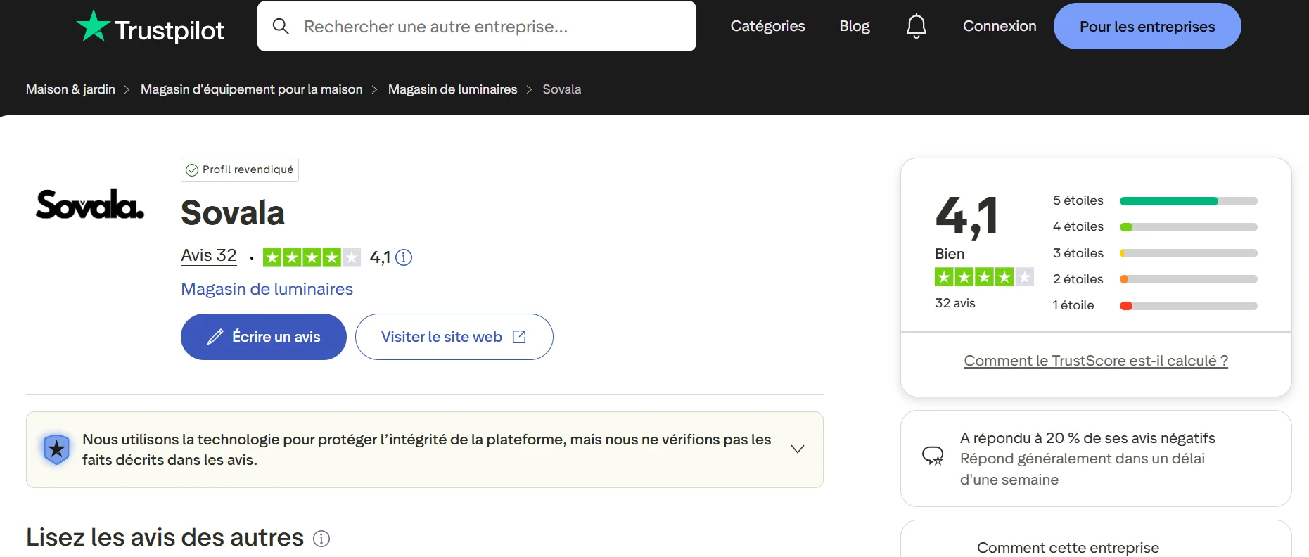 Quels sont les avis sur le site de luminaire Sovala ?