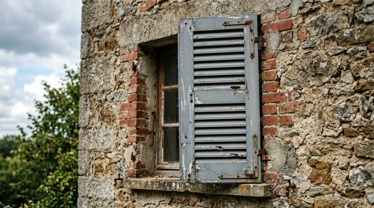 Volet battant aluminium usé et déformé, illustrant les inconvénients de ce matériau.