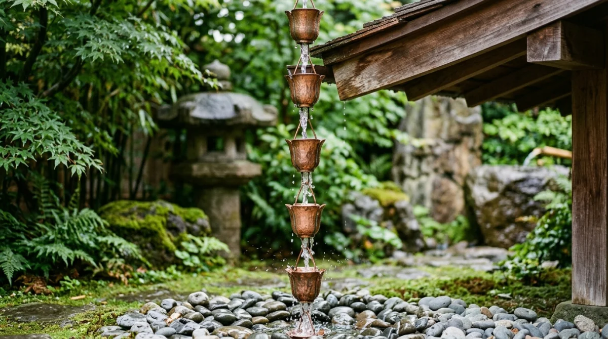 chaine de pluie inconvenients installation 65fb Chaîne de pluie en cuivre installée sur un toit, illustrant les inconvénients et le fonctionnement de ce système.
