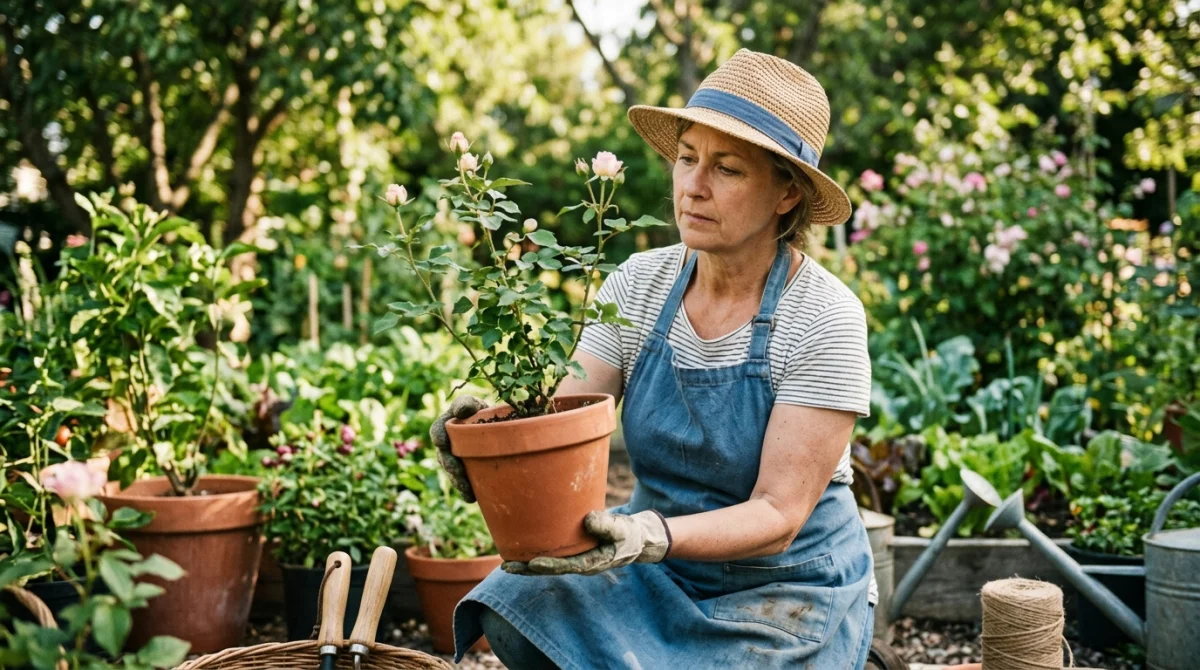 Cliente examinant un jeune rosier en pot dans un jardin ensoleillé, avis Willemse.