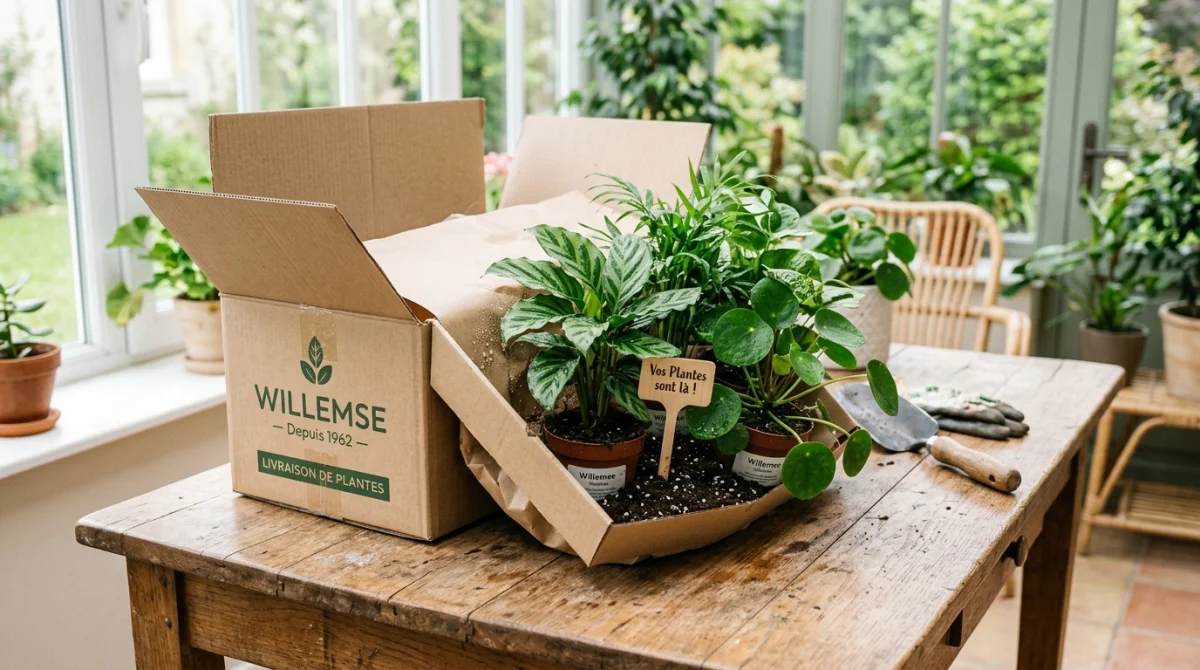 Colis Willemse ouvert avec plantes vertes saines sur table en bois, avis positif.