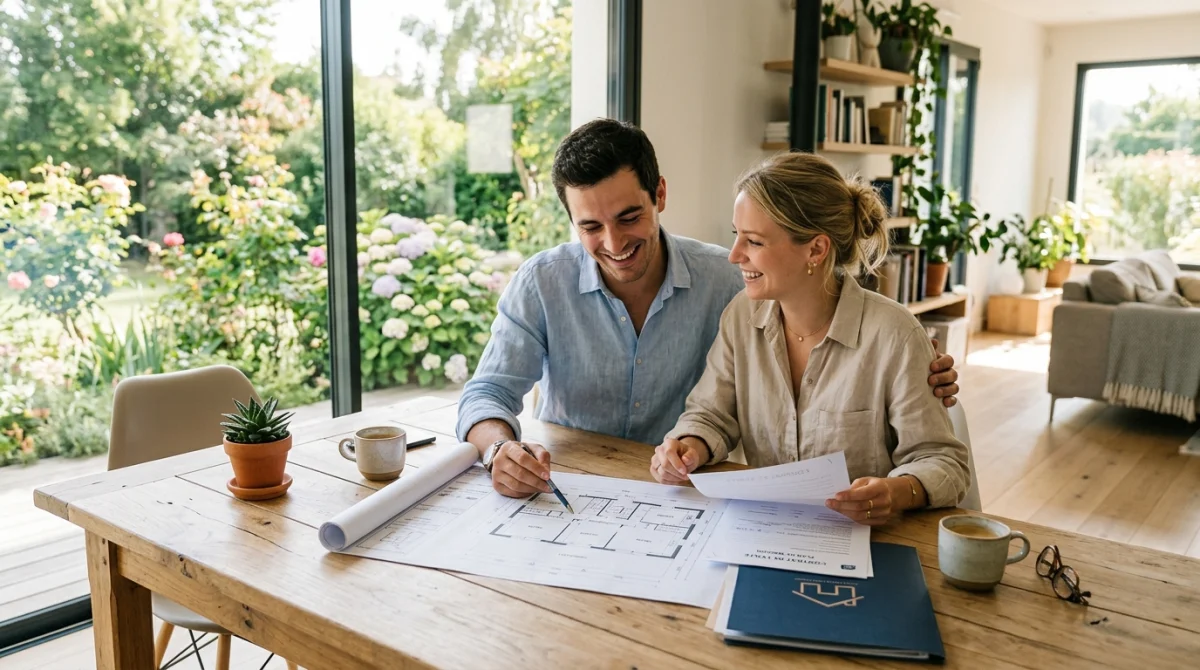 Jeune couple souriant étudiant des documents immobiliers pour apprendre comment acheter une maison sans argent.