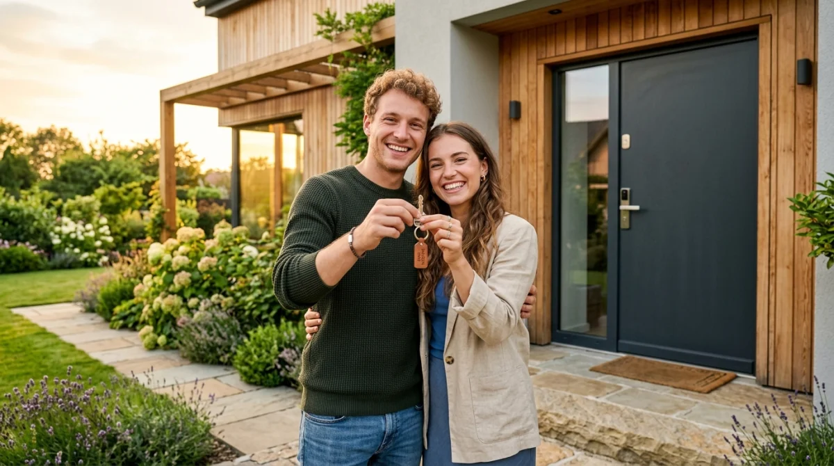 Jeune couple souriant tenant une clé devant leur maison moderne pour illustrer comment acheter une maison sans argent.