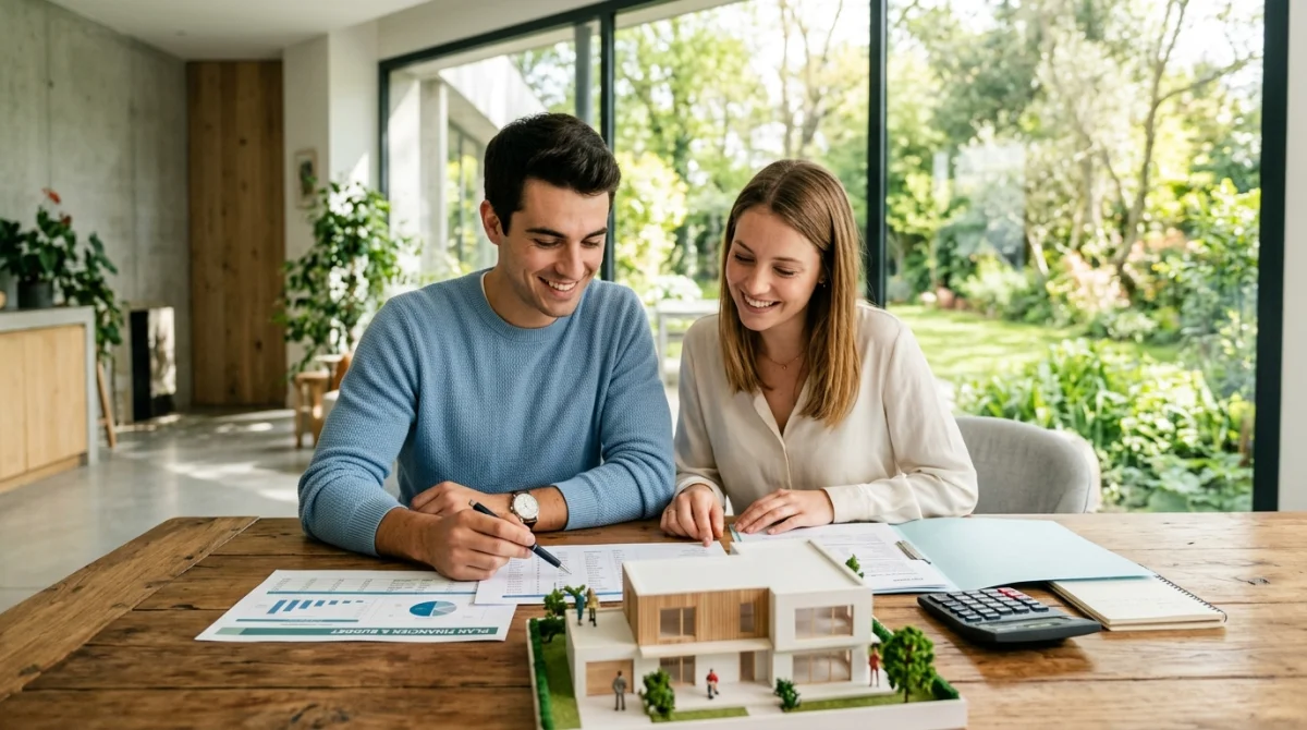 Jeune couple souriant examinant des documents financiers et une maquette de maison pour préparer son apport immobilier.
