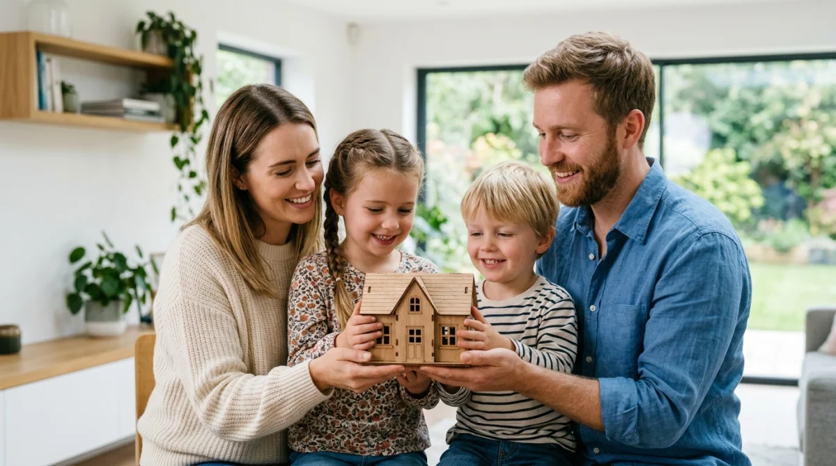 Jeune famille souriante tenant une maquette de maison, illustrant l'apport nécessaire pour acheter une maison en toute sérénité.