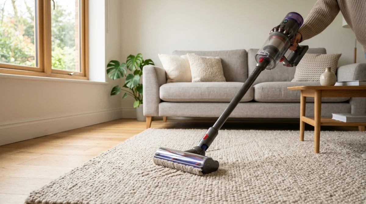 Aspirateur moderne nettoyant un tapis épais dans un salon lumineux pour savoir comment se débarrasser des puces.
