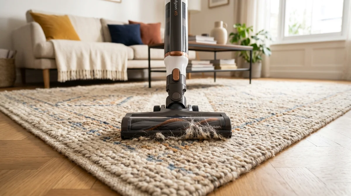 Aspirateur moderne nettoyant un tapis pour éliminer efficacement les puces dans une maison propre et saine.
