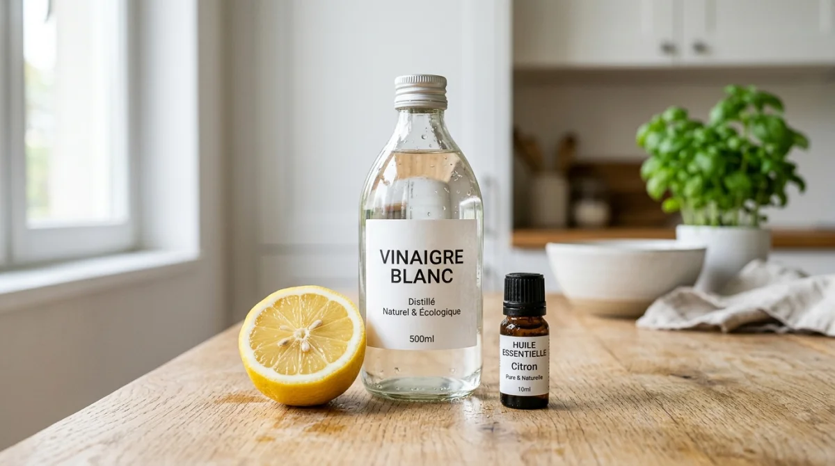 Vinaigre blanc, citron et huiles essentielles sur un plan de travail pour se débarrasser des fourmis naturellement.