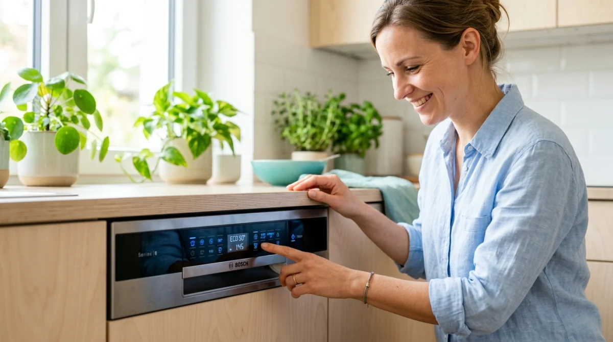 Personne sélectionnant le programme éco sur un lave-vaisselle moderne dans une cuisine lumineuse et organisée.