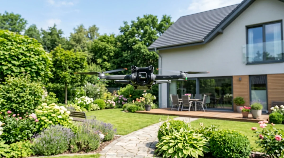 Drone de loisir en vol stationnaire au-dessus d'un jardin pavillonnaire, illustrant que faire quand un drone survole ma maison.