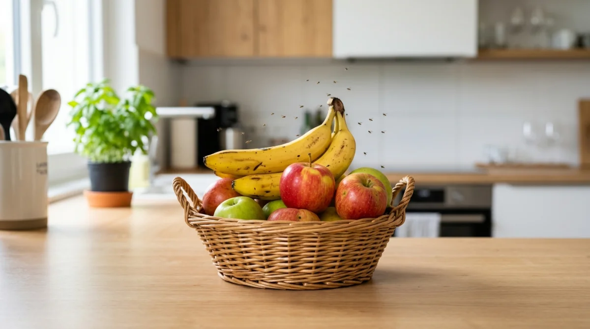 Corbeille de fruits mûrs sur un comptoir de cuisine attirant des moucherons pour illustrer comment se débarrasser des moucherons.