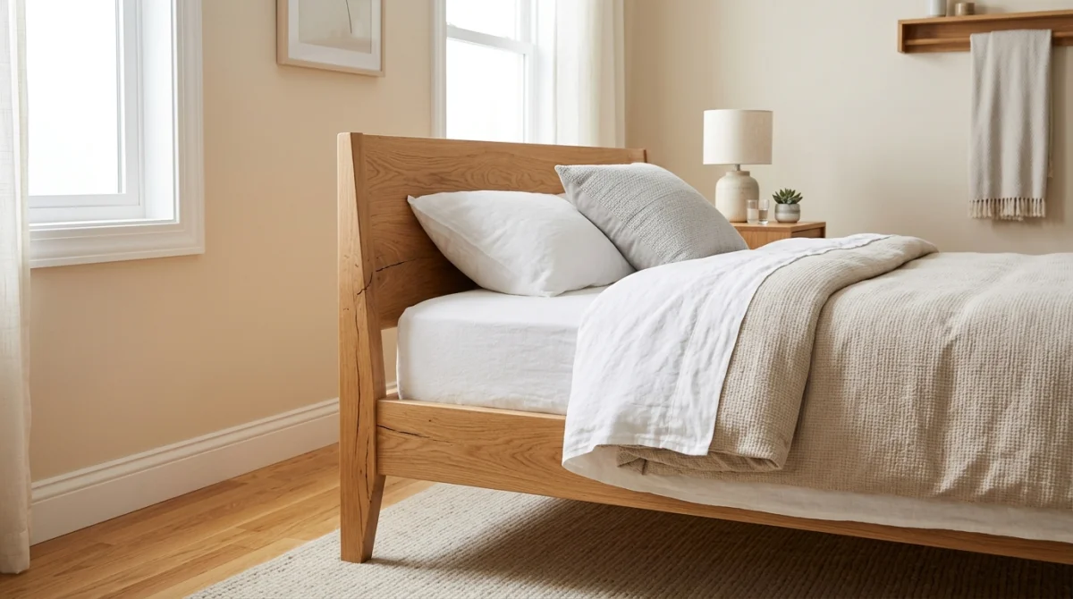 Chambre propre avec focus sur les fissures d'un cadre de lit en bois pour identifier les punaises.