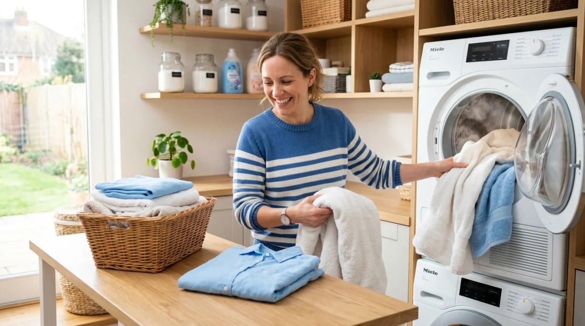 Personne souriante rangeant du linge propre dans une buanderie lumineuse pour prévenir les punaises de lit.