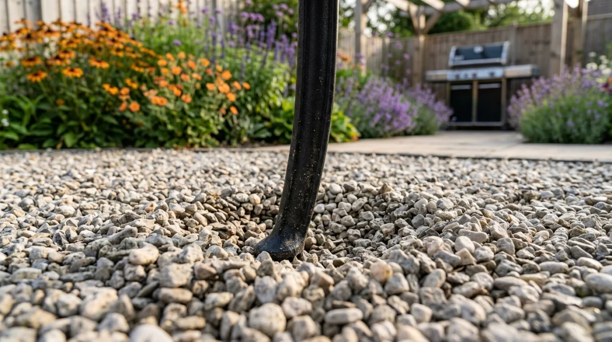 Pied de table de jardin s'enfonçant dans une terrasse en gravier illustrant un inconvénient de stabilité du sol.