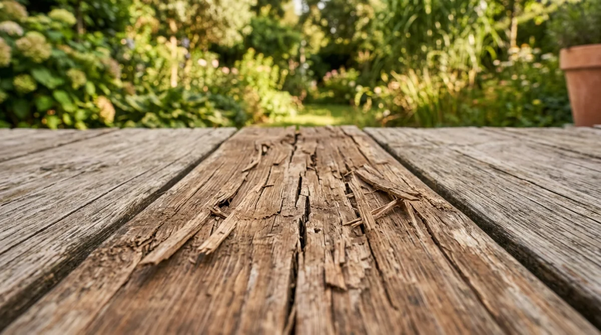 Gros plan sur une lame de terrasse en bambou montrant des fissures et des échardes, illustrant ses inconvénients.
