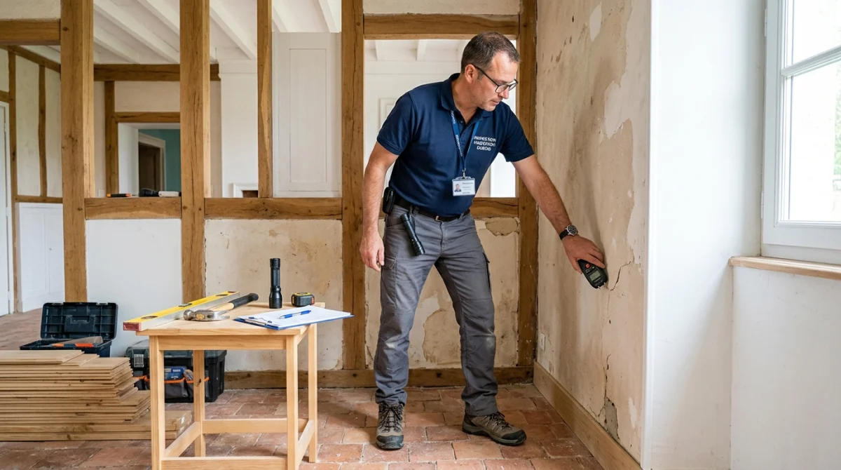 Inspecteur immobilier examinant des matériaux de construction dans une maison ancienne avant un achat avec présence d'amiante.