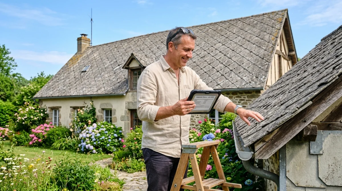 Propriétaire inspectant une toiture en fibrociment lors de l'achat d'une maison avec de l'amiante dans un jardin.