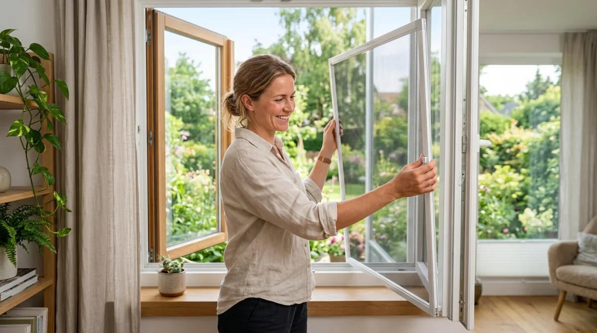 Personne souriante installant une moustiquaire sur une fenêtre pour se débarrasser des mouches dans la maison.