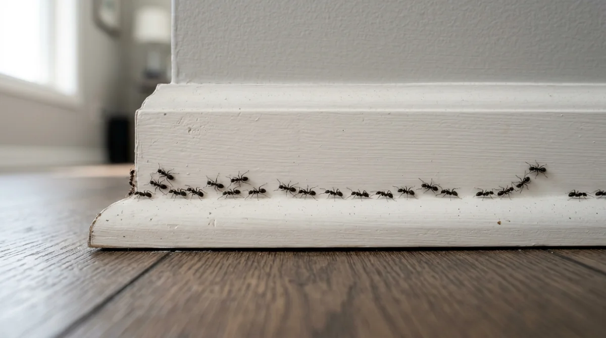 File de fourmis noires se déplaçant le long d'une plinthe en bois pour localiser un nid dans la maison.