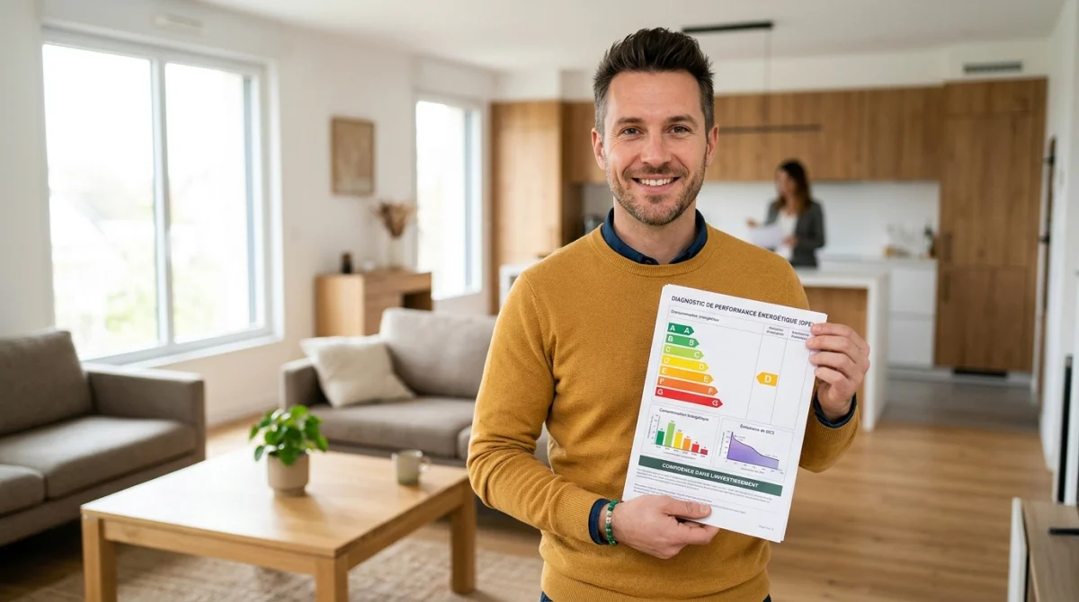 Acheteur confiant consultant un diagnostic énergétique lors d'une visite pour apprendre comment négocier une maison efficacement.