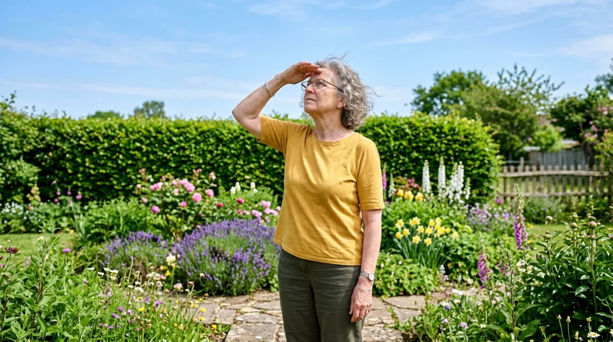 Personne observant le ciel dans son jardin pour vérifier la présence d'un drone au-dessus de sa maison.