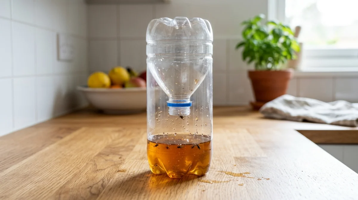Piège à mouches artisanal fabriqué avec une bouteille en plastique recyclée sur un plan de travail en bois.