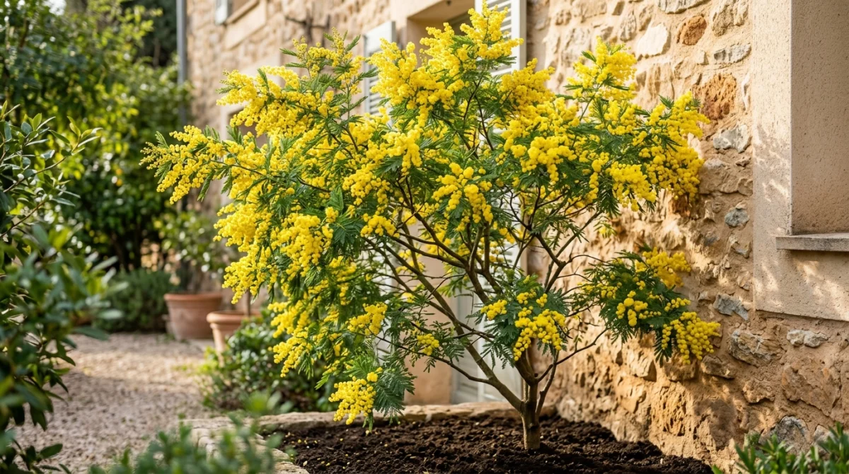 Mimosa en fleurs aux grappes jaunes éclatantes planté près d'un mur en pierre d'une maison résidentielle.
