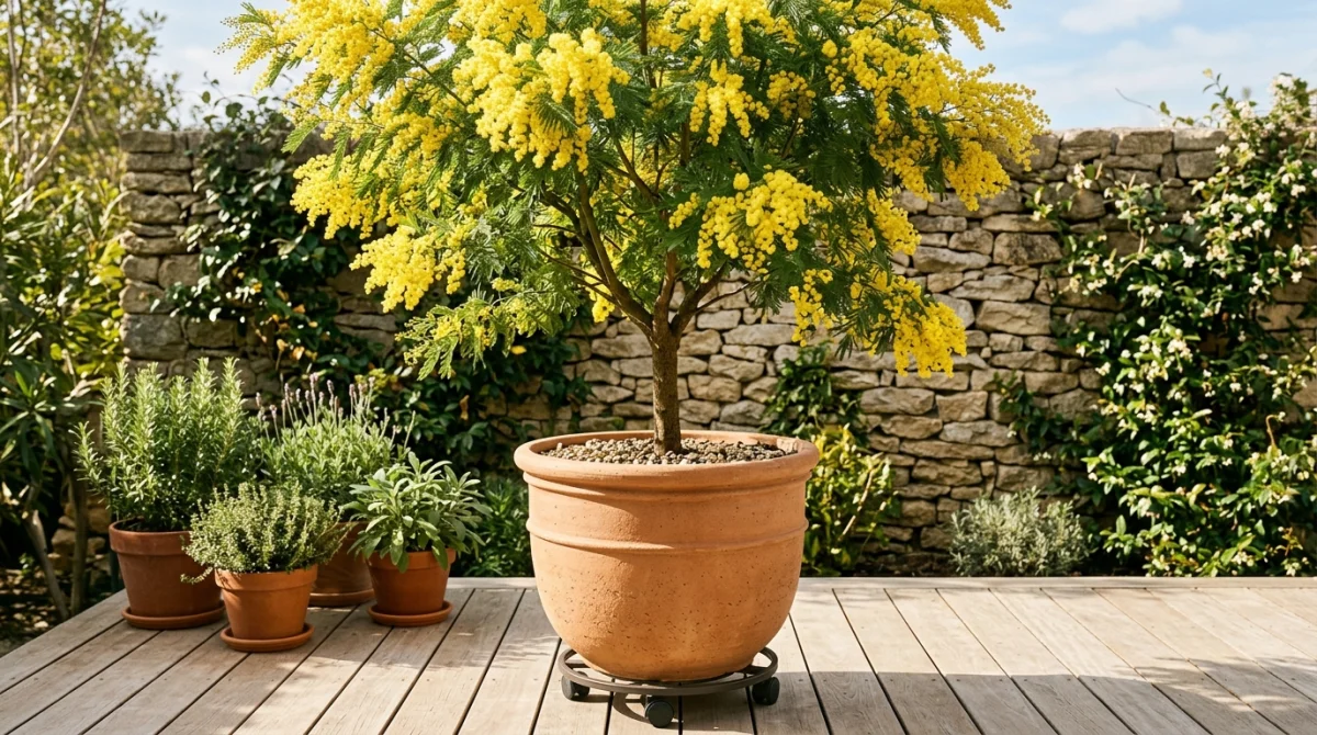 Mimosa en fleurs planté dans un grand pot en terre cuite sur une terrasse ensoleillée.