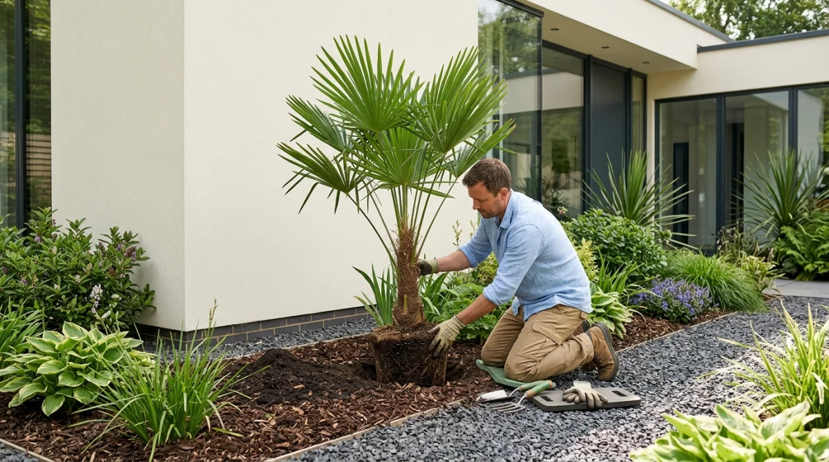 Jardinier plantant un palmier Trachycarpus près d'une maison pour illustrer comment planter un palmier près d'une maison.