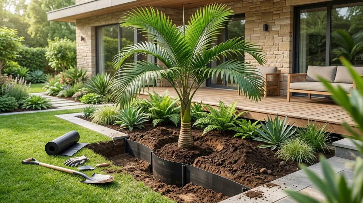 Jeune palmier planté près d'une maison avec installation d'une barrière anti-racines pour protéger les fondations du jardin.